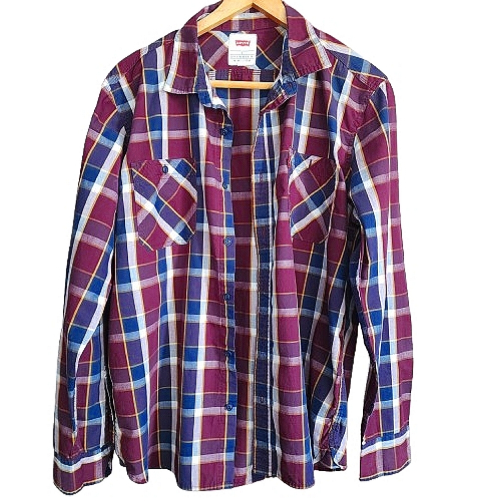 Mens L Levi's Burgundy Blue Plaid Long Sleeve Button Up Shirt